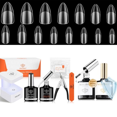 modelones 510PCS 15 Sizes Medium Almond Gel Nail Tips& Gel Base and Top Coat Set, 9-in-One Glue Nail Dehydrator & Mini U V Light Clipper