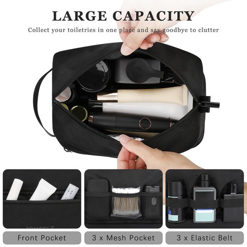 ZOMFELT Toiletry Bag for Men Women, Water Resistant Travel Dopp Kit with Dual Layers, Large Capacity Cosmetic Shower Organizer Bag for Gym Toiletries Accessories, Bathroom Essentials, Black