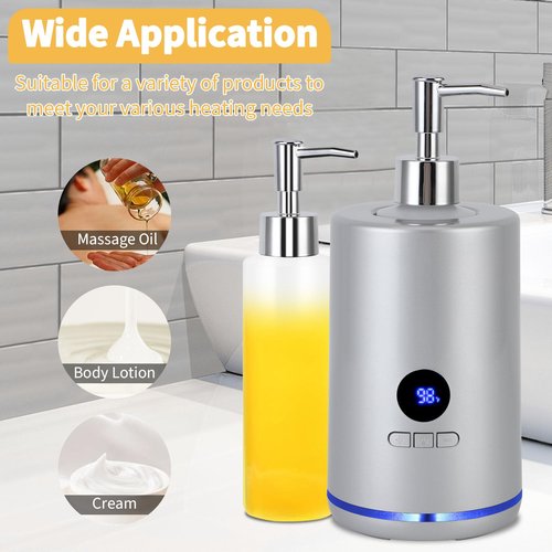 Massage Oil Warmer with 2 Bottles, Professional Electric Lotion Warmer Bottle, Digital Display, Rapid Heating, Automatic Massage Oil Heater for Salon Spa Massage (Silver)