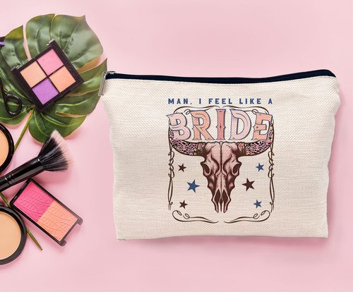 Lacosu Retro Western Bachelorette Party Nashville Bride Pink Bull Head Skull Makeup Bag,Men I Feel Like a Bride Cosmetic Makeup Bag for Teen Girls Women,Bachelorette Party Gifts Makeup Bag