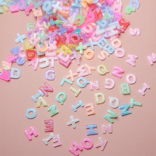 300Pcs Letter Nail Art Charms Random Candy Color Letter Resin Nail Rhinestones Kawaii Mini Flatback Alphabet Nail Gems with Aurora Glitter Design Nail Art Accessories for DIY Craft Nail Supplies