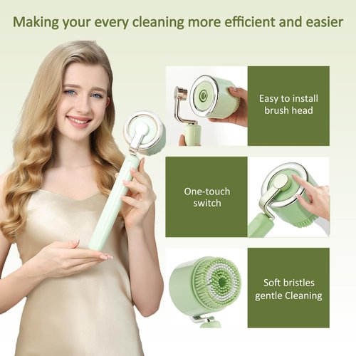 5-in-1 Electric Cleansing Brush, Rechargeable Body Brush with Long Handle, IPX7 Waterproof Back Scrubber with 3 Intensities Adjustable for Cleansing, Exfoliation, Foot Scrubbing and Massage (Green)