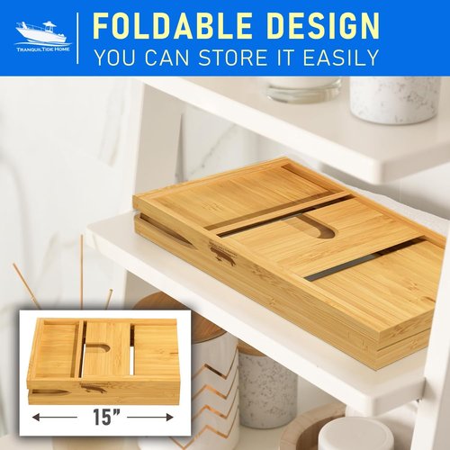 TranquilTideHome Foldable Bathtub Tray Expandable to 109cm with Bath Bomb and Scented Candle, Adjustable, Waterproof Bamboo Bathtub Caddy with Anti Slip Grip Pads for Home Spa