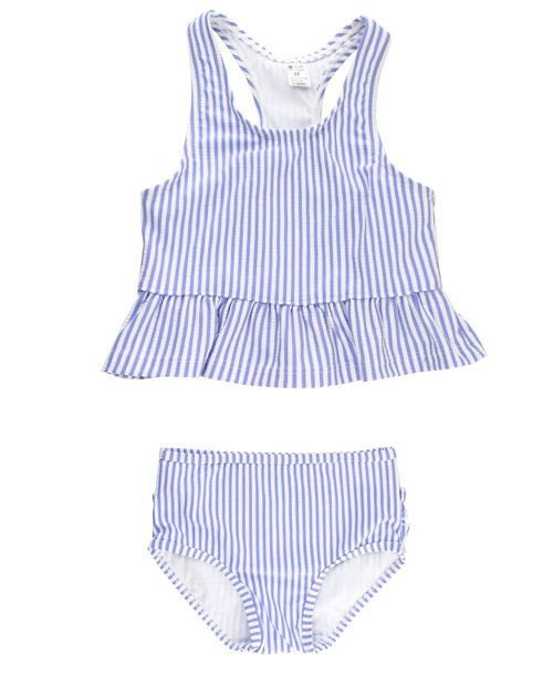 RuffleButts Baby/Toddler Girls UPF50+ Seersucker Ruffle Peplum Bow Tankini - Periwinkle Blue Seersucker, 6-12m