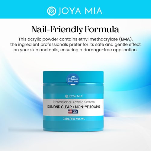 Joya Mia Acrylic Powder for Nails, MMA-Free, Super Adhesion Professional Powder for Flawless & Long-Lasting Nail Enhancements, Easy Application, Vibrant & Stunning Colors - Diamond Clear, 8 oz