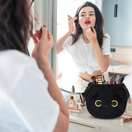 Funny Cat Drawstring Makeup Bag - Large Capacity Cute Travel Toiletry Bag Cosmetic Bag Pouch Organizer - Valentines Day Mothers Easter Birthday Unique Gifts for Women Girls Cat Lovers-Black