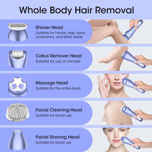 Qreeyx Epilator for Women, 7 in 1 Hair Removal for Women, Body Shaver, Bikini Trimmer, Face Razor, Facial Brush, Face Massage, Foot Callus Remover, IPX7 Waterproof Electric Shavers, Ideal Female Gift