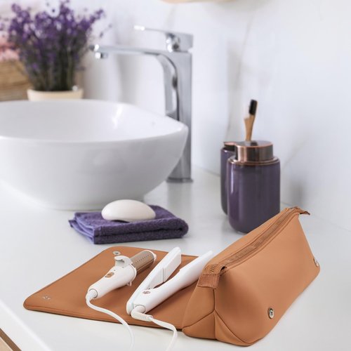 BAREFOOT CARIBOU Hair Tools Travel Bag and Heat Resistant Mat for Flat Irons, Straighteners, Curling Iron, and Haircare Accessories, 2-in-1 design, with Interior Pockets, Portable Organizer (Brown)