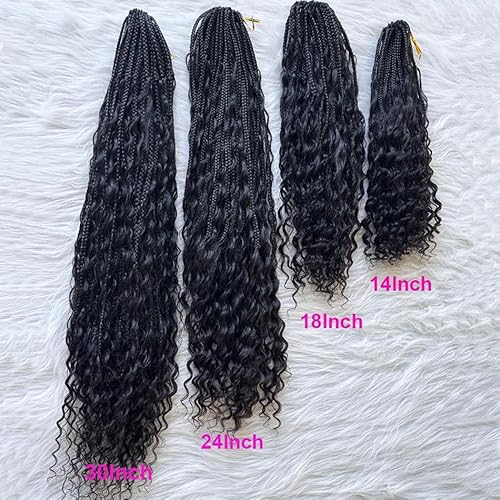 Crochet Boho Box Braids With Human Hair Pre-Looped Synthetic Braiding Goddess Braids Double Drawn Curly Full Ends Hair Extensions For Women Natural Color 2Pack/80 Stands 14Inch