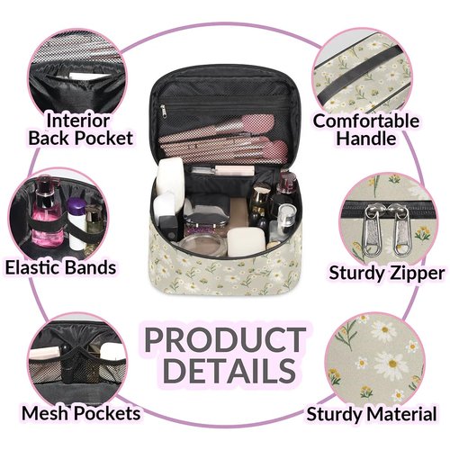 FZDXZJJ Makeup Travel Bag Organizer Toiletry Bag for Women Portable Cosmetic Storage Case with Handle, Large Capacity Lightweight Toiletries Brush Zipper Bag - Daisy