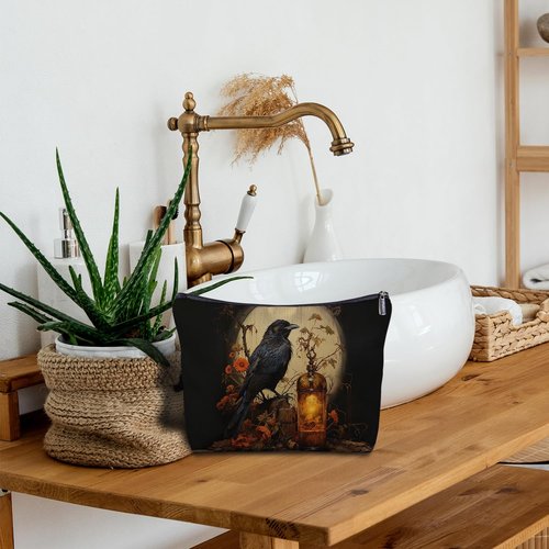 Zomhix Black Crow Raven Goth Canvas Makeup Bag for Women - Dark Art Gothic Gifts, Vintage Black Raven Cosmetic Bag for Purse Travel Bag, Crow Lovers Gifts