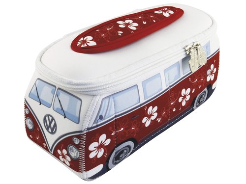 BRISA VW Collection - Volkswagen Neoprene Universal Makeup Cosmetics Toiletry Travel Pharmacy Bag in T1 Bus Design (Hibiscus/Red) (Small (9.1 x 4.3 x 3.1 inches))
