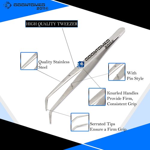 OdontoMed2011® Heavy Duty 6 inches Stainless Steel College Tweezers Curved Tips All-purpose Forceps Professional Tweezers Tongs and Comfortable Ridged Handle for Crafting Repairing General Purpose