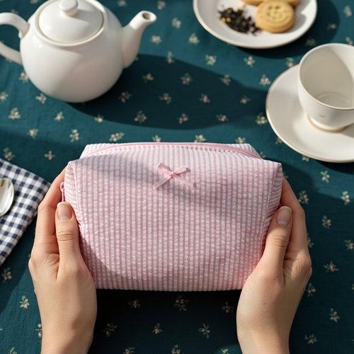 10 Pcs Cotton Quilted Makeup Bag Bulk Bow Stripe Cosmetic Pouch Make up Bag Bridesmaid Gifts Makeup Pouch with Zipper Travel Portable Case Preppy Gifts for Women (Pink)