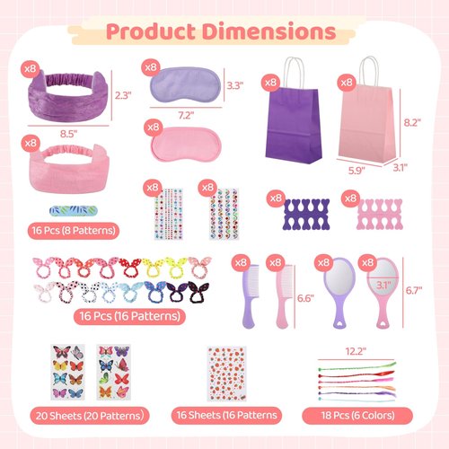 196 Pcs Spa Party Supplies for Girls Multiple Spa Party Favors for Kids Pink Braid Clip Eye Mask Mirror Comb Emery Boards Toe Separator Hairband Nail Sticker Tattoo Sticker Spa Party Favors