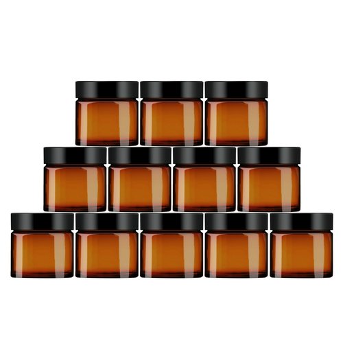 12 Pack 60g/2oz Amber Glass Jars Empty Cosmetic Containers with Inner Liners Round Airtight with Lids For Slime Beauty Products Cosmetic Lotion Powders Ointments and Mini Candles