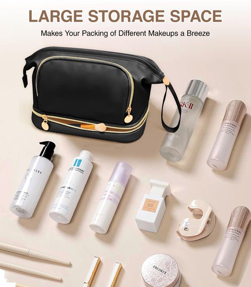 Hairao Toiletry Bag for Women, Large Makeup Bag with Double Layer Design, Waterproof Makeup Organizer Bag, PU Leather Cosmetic Travel Bag with Brush Compartment, Q-Black