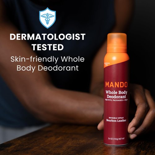 Mando Whole Body Three Piece System - 2.6oz Smooth Solid Stick, 3.6oz Deodorant Spray, 15ct Deodorant Wipes - Aluminum & Baking Soda Free Odor Control - Doctor Developed - 3pc Bundle (Bourbon Leather)
