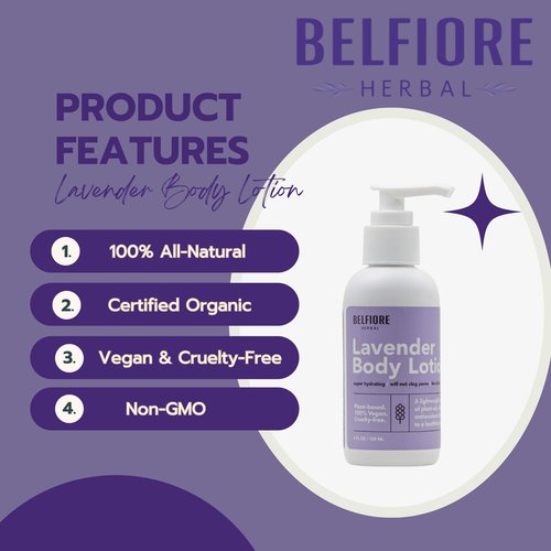 Belfiore Herbal 100% Natural Lavender Body Lotion | Organic Plant Extracts | Calming, Hydrating & Moisturizing | Vegan, Non-GMO | Made in The USA | 4 oz