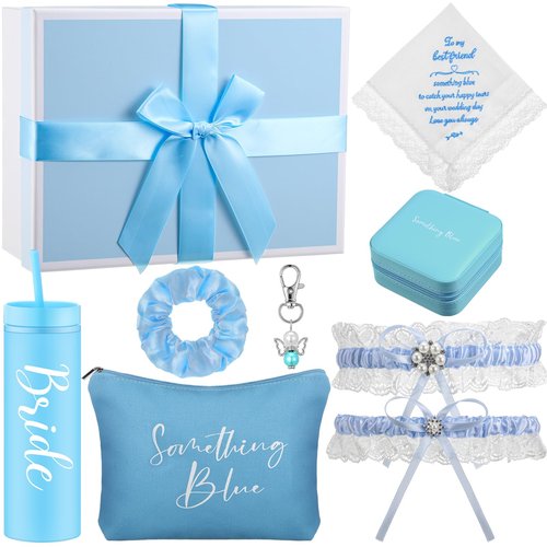 SilTriangle 8 Pcs Something Blue Wedding Gift for Bride Wedding Handkerchief 16 oz Skinny Acrylic Tumbler Lace Garter Belt Angel Bouquet Charm Bridal Cosmetic Bag Scrunchies Gift Box Jewelry Case