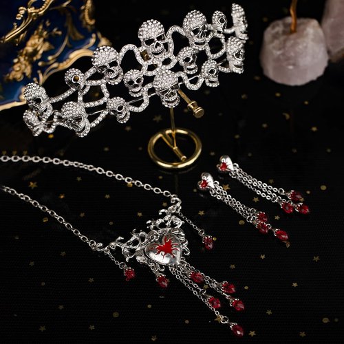 yuruyi Tiaras and Crowns for Women, Tiaras Earrings Necklaces Jewelry Set Headband Princess Queen Crown Tiara for Bride Prom Pageant Party Ceremony (Silver+Red)