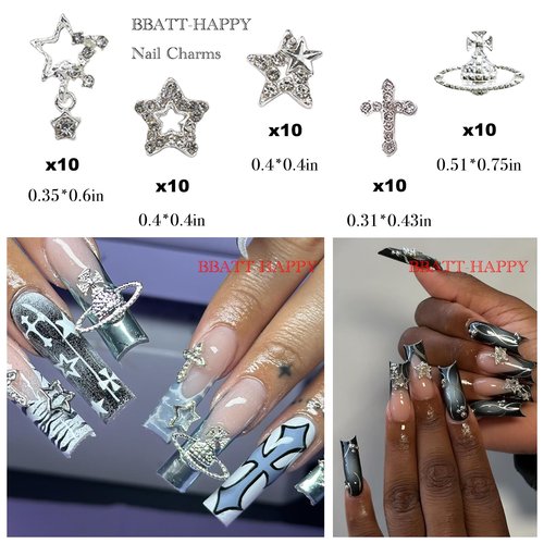 BBATT-HAPPY 134PCS Nail Charms for Acrylic Nails,Silver Star Planet Cross Punk Pink Pin Billiards Nail Art Accessories,Nail Jewels for Nail Art Supplies Craft DIY
