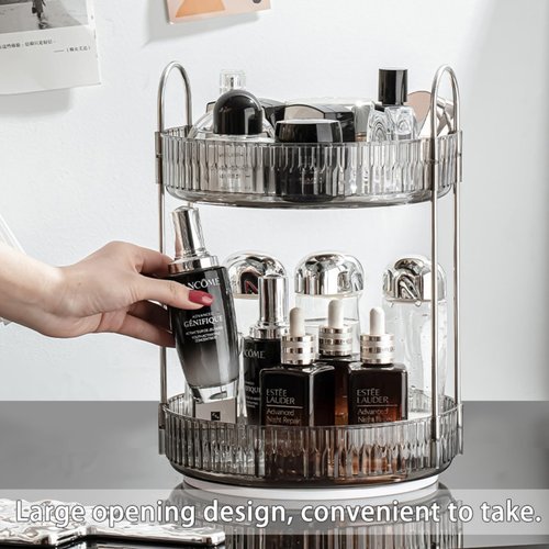 QIZHAN Modern Style Cosmetics Transparent Rotating Storage Rack Turntable Multifunctional Large Capacity Double - Layer Skin Care Products Dressing Table Storage Box Dust - Proof Space - Saving