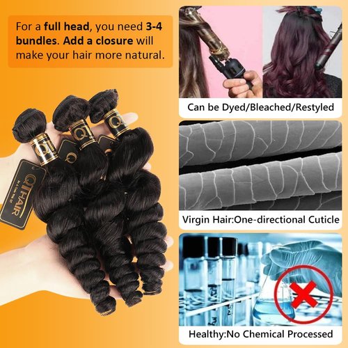 QTHAIR 16A Grade Premium Loose wave Brazilian Remy Human Hair Weaving Bundle, Brazilian Human Hair Weave Bundles, Hair Weft Natural Color (#1b,100g,20 Inch)