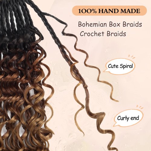 8 Packs Boho Box Crochet Braids Pre Looped with Curly Ends - 8 Inch Goddess Bohemian Box Crochet Hair for Black Women Synthetic 3X Boho Braids Crochet Hair Extensions Pre Looped T1B-33-30