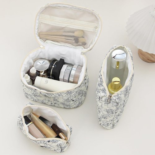 Quilted Makeup Bag Set 3 Pcs Cotton Cute Makeup Bags For Women Large Aesthetic Floral Cosmetic Bag Coquette Flower Makeup Pouch
