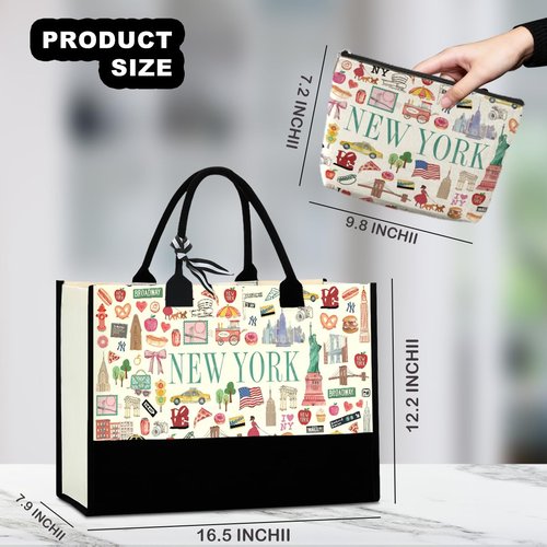 CHQIUCR Mother's Day Gifts for Women - New York Souvenirs Canvas Weekender Bag, Reusable Beach & & Makeup Bag Set, Gift for Mom, Sister, Friends, Brides (NY Themed)