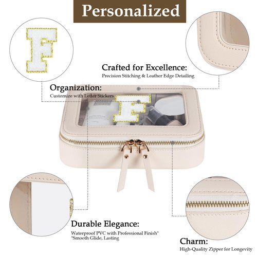 Clear Initial Makeup Bag - Toiletry Cosmetic Bag For Women, Cute Car Accessories & Essentials, And Preppy Makeup Bag For On-The-Go Glam - Gold Zippers Included, With Chenille Letter Decoration(F)