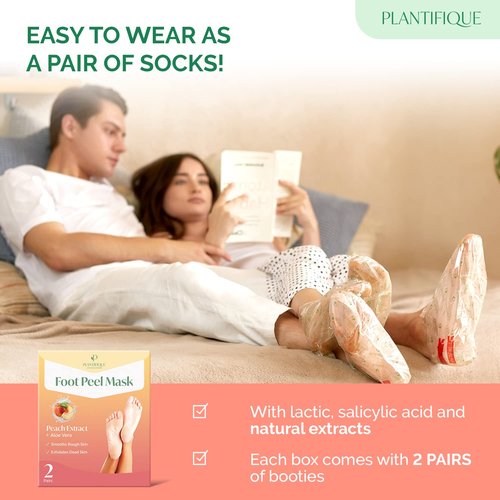 PLANTIFIQUE Foot Peeling Mask 4 Pack | Dermatologically Tested Repairs Heels & Removes Dry Dead Skin for Baby Soft Feet | Exfoliating Foot Peel Mask for Dry Cracked Feet | Peach