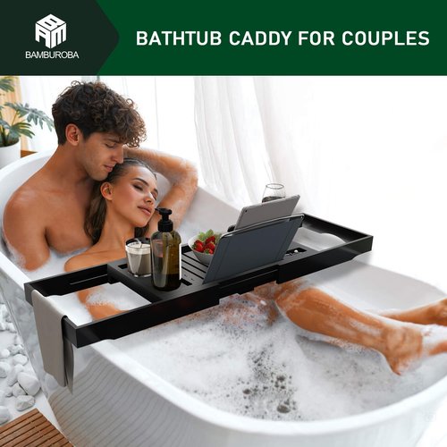 Foldable Bamboo Bathtub Caddy Tray Expandable for Luxury Bath, Bath Accessories & Table with Wine Glass Holder, Book Stand Bathroom Organizer with Extending Sides for Men/Women,Black