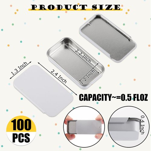 YAYODS 100 Pack Mini Tin Box Small Tin Containers with Slide Top Lids, Empty Mini Metal Tins with Lids for Storage Candies, Jewelry, Crafts, Pills, 2.36 X 1.3 X 0.4 (White)