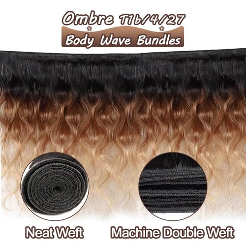 Ombre Human Hair Bundles 3 Tone Color T1b/4/27 Body Wave Bundles 16 Inch 12A Raw Hair One Bundle Ombre Black to Brown to Honey Blonde Wavy Human Hair Colored Quick Weave for Weave Extensions
