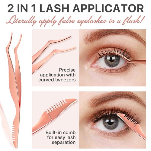Pretty memory Upgraded Lash Applicator Tool with Comb, 2-IN-1 Stainless Steel Eyelash Tweezers, Lash Extension Curlers, Curved Tweezer Clip for Easy Application and Removal