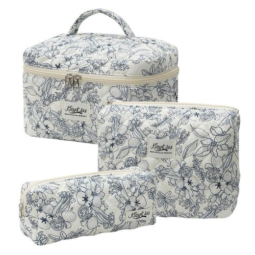 Quilted Makeup Bag Set 3 Pcs Cotton Cute Makeup Bags For Women Large Aesthetic Floral Cosmetic Bag Coquette Flower Makeup Pouch