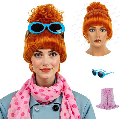 STfantasy Orange Bun Wig with Scarf and Glasses – Stylish & Durable Synthetic Orange Wig for Women, Perfect for Halloween, Cosplay, and Party Accessories