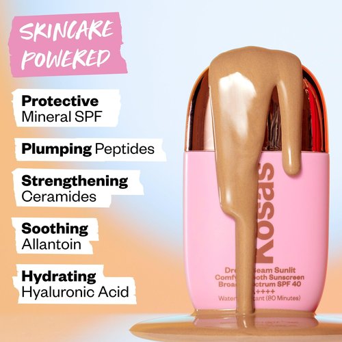 Kosas Mini DreamBeam Water Resistant Sunscreen SPF 40, Travel Size Face Sunscreen - Lightweight Makeup Base w/Hyaluronic Acid, Ceramides & Peptides - Golden Glow, Sunlit, 15ml