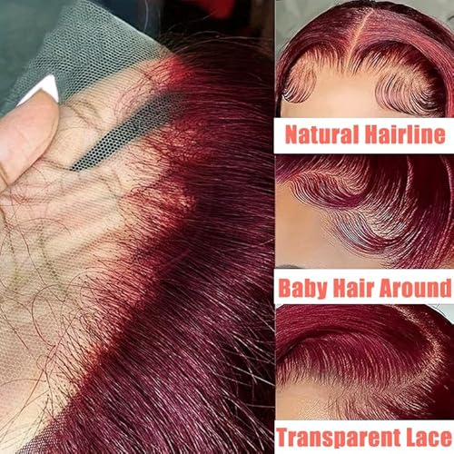 99J Burgundy 28 Inch body wave lace front wig for women 13x4 transparent lace front human hair wigs pre plucked with baby hair body wave wigs Red 180% Density Human Hair Wig for Women
