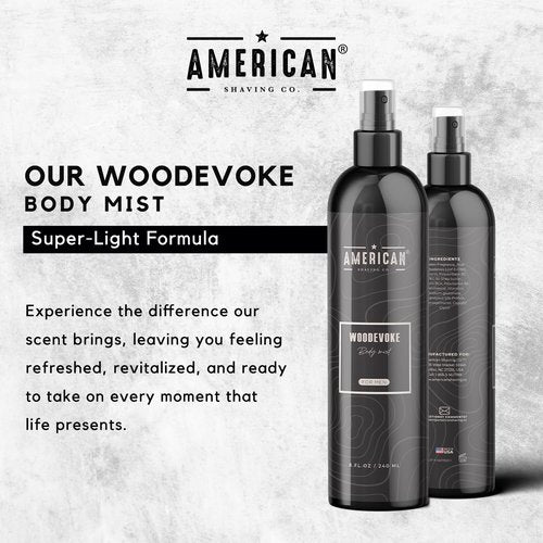American Shaving Co. Woodevoke Body Mist For Men 8 oz, Made in USA, Quick Absorption, Quality Potent Ingredients, Long-Lasting, Non-GMO, GMP Certified, Cruelty-Free Products