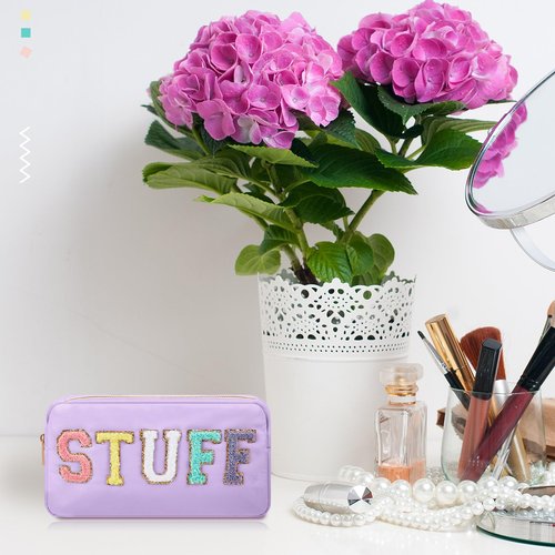 Shinylin 2 Pcs Travel Preppy Duffle Bag and Chenille Letter Makeup Pouch Cosmetic Zipper Patch Weekender Carry on Tote Bag for Women(Light Purple)