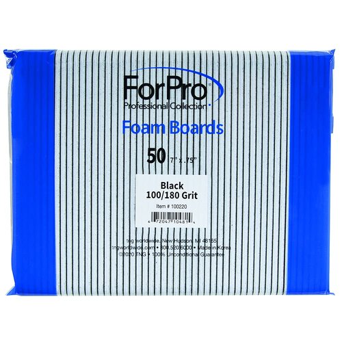 ForPro Professional Collection Nail Foam Boards, Black, 100/180 Grit, Double-Sided Manicure Nail Files, 7” L x .75” W, 50-Count