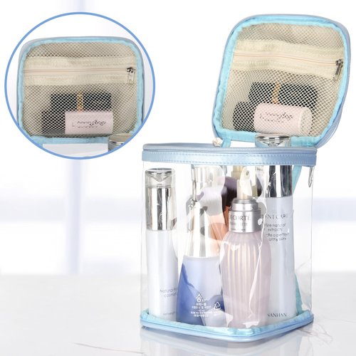 HAOGUAGUA Premium Clear Makeup Bag with Inner Pocket, Transparent Cosmetic Pouch for Travel or Everyday Use, Waterproof Beach Bag for Sunscreen Skincare (Blue 1pcs)