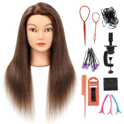 SOPHIRE 20-22 inches 100% Real Human Hair Mannequin Head, Hairdressers' Practice Training Head and Cosmotology Doll Head for Hairstyling and Braid - Dark Brown