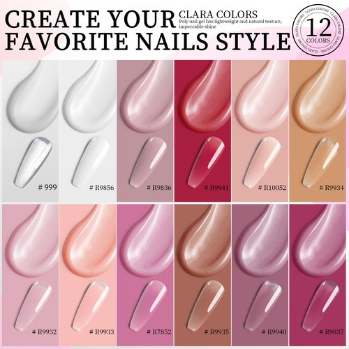 Clara Colors Poly Gel Nail Kit, 12 Colors Clear Jelly Nude Pink Poly Extension Gel Nail Kit with 48W UV Lamp All In One Polygel Nail Kit Starter Kit with Slip Solution and Tools for Nail Art DIY