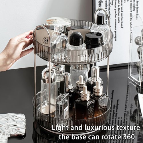QIZHAN Modern Style Cosmetics Transparent Rotating Storage Rack Turntable Multifunctional Large Capacity Double - Layer Skin Care Products Dressing Table Storage Box Dust - Proof Space - Saving