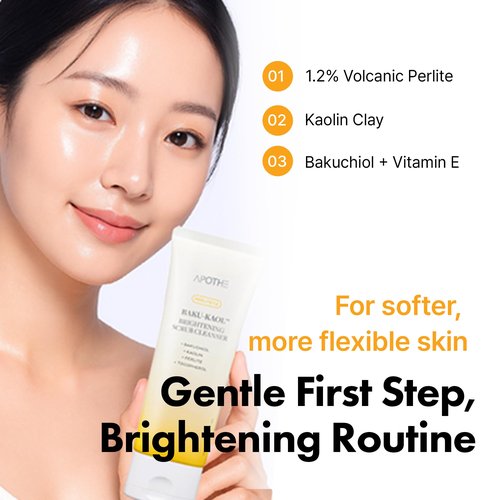 APOTHE Baku-Kaol Brightening Scrub Cleanser with Perlite, Kaolin & Bakuchiol – Gentle Exfoliating Face Wash for Radiant Skin, 3.38 fl oz (100 mL)