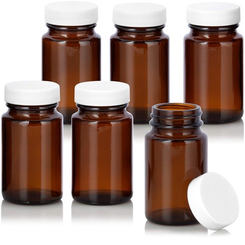 JUVITUS 2.5 oz / 75 ml Amber Glass Wide Mouth Packer Bottle with White Lid (6 Pack)